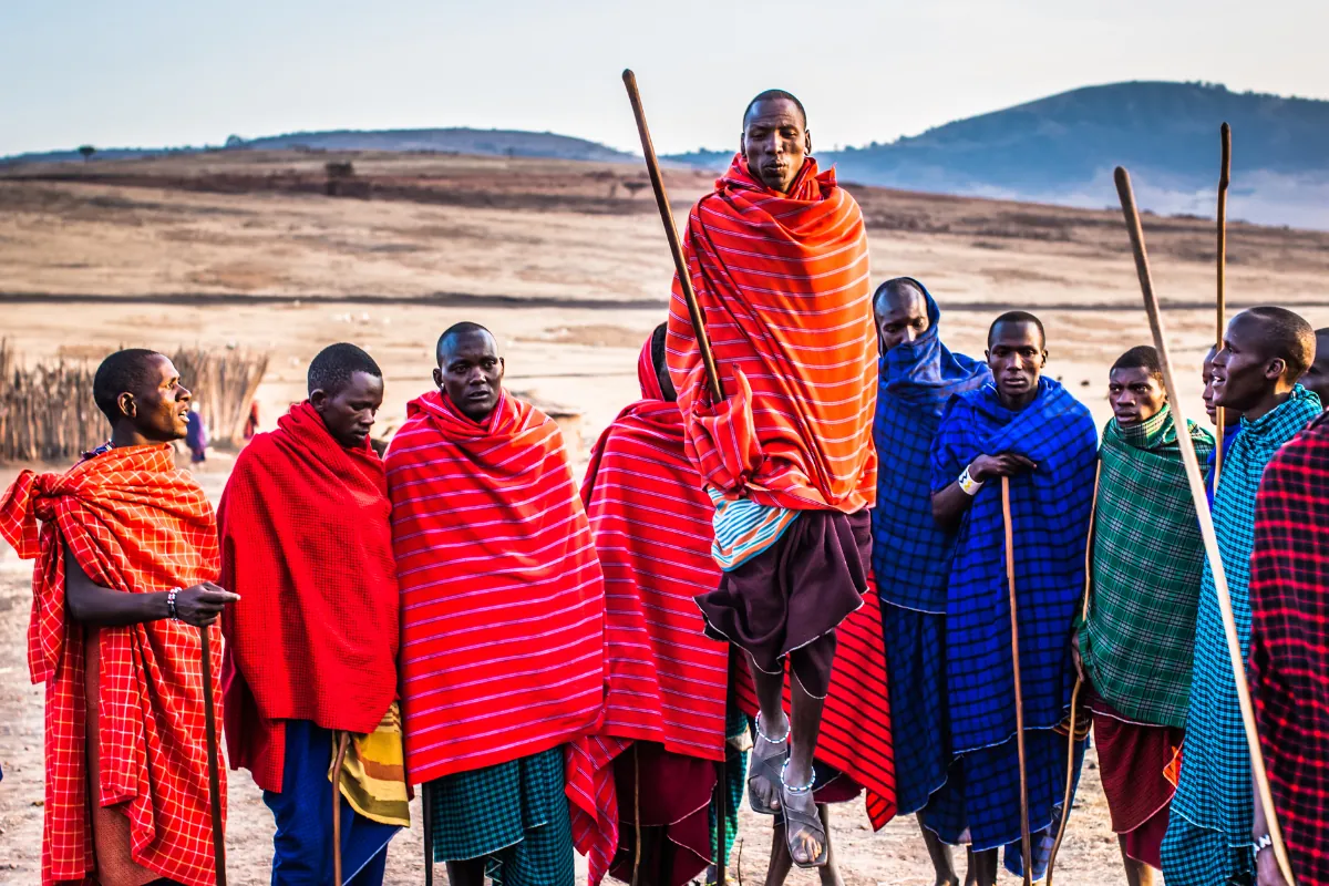 Maasai warriors in red shukas during the jumping dance