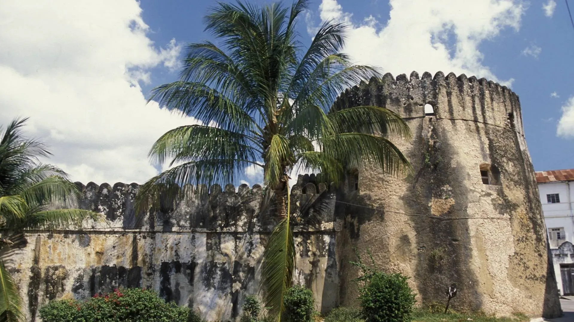 The Old Fort in Stone Town, Zanzibar, framed by palm trees