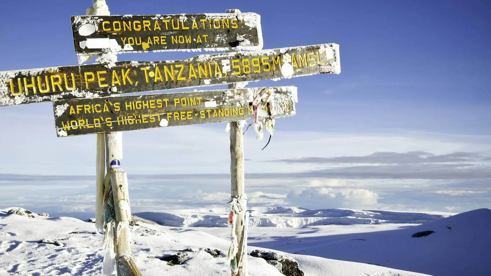 Uhuru Peak sign at the summit of Kilimanjaro with snow below